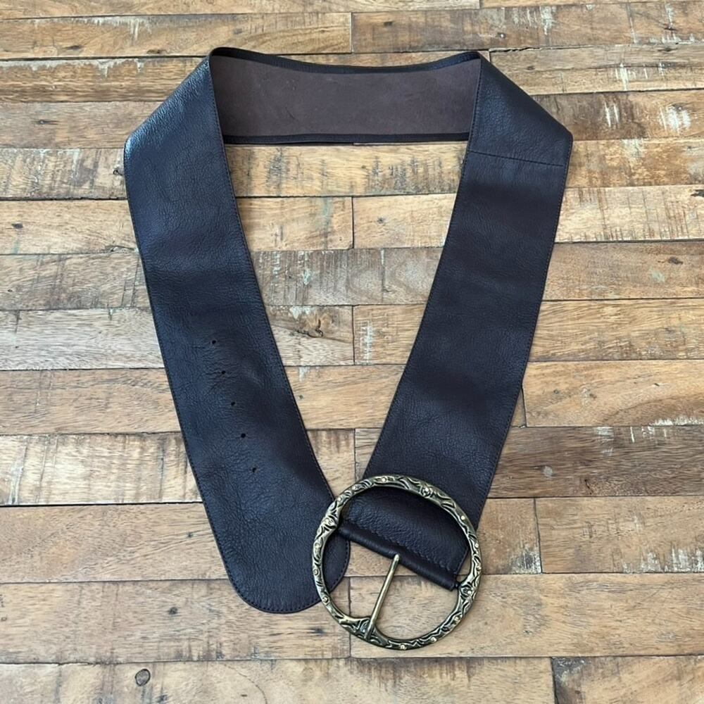 Belt Womens 36 Dark Brown Soft Leather Ornate Engraved Brass Circle Buckle